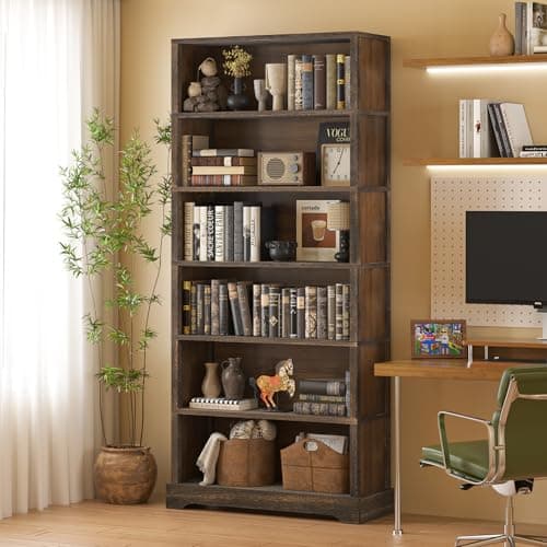 TVU 6-Tier Wooden Book Shelf, Floor-Standing Display Bookcase, 77.2" H x 31.5" W x 11" D Bookshelf, Farmhouse Style Book Case with Arched Base, Suitable for Living Room, Study, Office, Rustic Brown 8