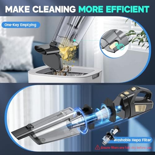 CKIKH Handheld Vacuum Cordless, 15000PA Strong Suction Hand Held Car Vacuum Cleaner Portable with Multi-Nozzles & Washable Filter, Lightweight Dust Busters Rechargeable for Home, Car, Office, Pets 6