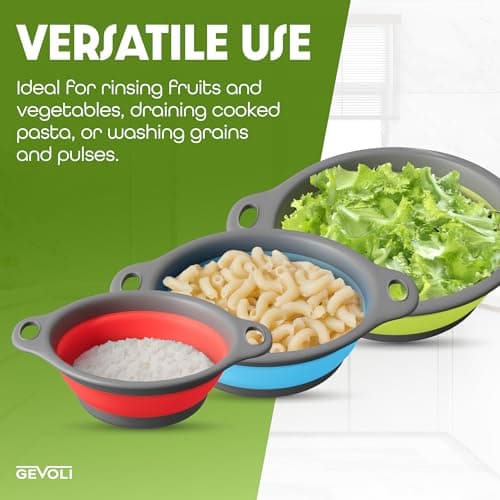 Gevoli Collapsible Colanders with Self-Draining Base for Edge of Sink, Food Strainers (Small/Med/Large), Nested Design for Easy Storage (Red, Blue, Green) (4PC Set) 8