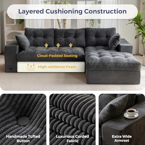MAXYOYO 104" L Shaped Modular Sectional Sofa with Ottoman, Cloud Boneless Couch with Layered Cushion, Upholstered Sofa in a Box, Flexible Module Combination for Living Room, No Assembly, Dark Grey 5