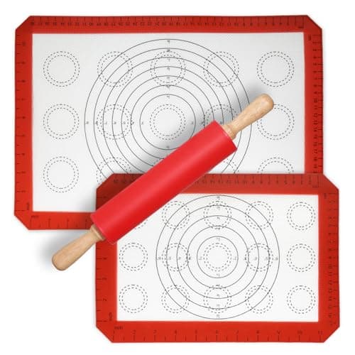 GreatChef 12-Inch Rolling Pin for Baking with 2-Piece Silicone Baking Mats – Measurement Guide, Small Silicone Dough Roller for Macarons, Cookies, and More – Pastry Mat Fits Half & Quarter Sheet Pan