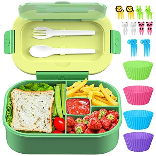 TIME4DEALS Bento Lunch Box Leakproof 44oz Kids Lunch Box Containers with 4 Compartment, Bento-Style Lunch Bento Box with Cutlery, Reusable Kid Back to School Meal/Snack Packing BPA Free (Green)