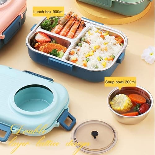 Ausenzup Bento Lunch Box, 304 Stainless Steel Portable Leakproof Lunch Food Containers Set with 3 Compartment for Adults - with Chopsticks Spoon Soup Bowl Gift for Friends, Family (Green) 5