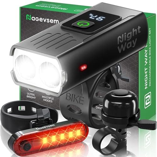 Nagevsem Bike Lights Set of 3 pcs w/Bicycle Bell - LED Super Bright - Rechargeable USB-C Headlight Front & Back Light for Night Riding in Mountain - Gift for Men Women Boys Kids Black