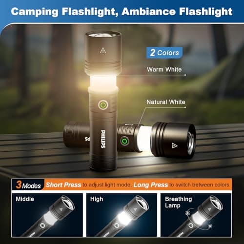Philips Flashlights High Lumens Rechargeable with Ignition Lens,3000lm Tactical Flashlights with Camping Lamp,2 Colors Zoomable 5Modes Reverse Charging LED Bright Flashlight for Home Outdoor Gift 5