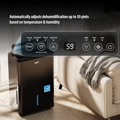 DuraComfort 50 Pint Dehumidifier, Built-in Pump, 4500 Sq Ft Coverage, Energy Star, Black 6