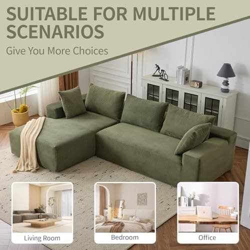 107'' Modular Sectional Sofa, Cloud Sectional Couch with Deep Seat, L-Shape Sofa Couch with Chaise, Convertible Sponge Compression Sofas for Living Room Bedroom, Green 6