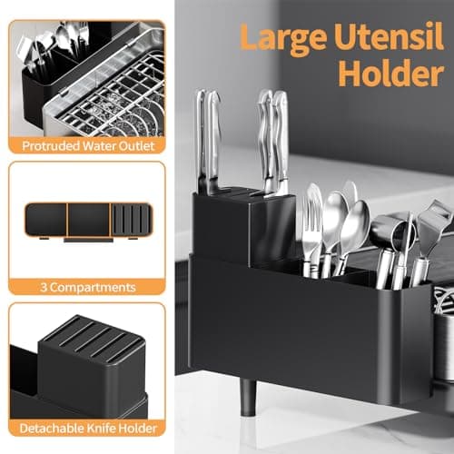 Urackify Dish Rack for Kitchen Counter, 304 Stainless Steel Dish Drying Rack, Expandable Dish Drainer, Foldable Dish Strainer with Cutlery Holder, Kitchen Plate Rack (Black, Large Size) 6
