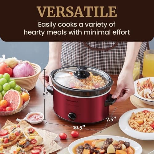 Elite Gourmet MST-275XR Electric Oval Slow Cooker, Adjustable Temp, Entrees, Sauces, Stews & Dips, Dishwasher Safe Glass Lid & Crock (2 Quart, Metallic Red) 7