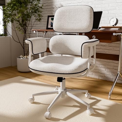 Fabric Office Chair with Granular Linen, Mid Back Vintage Desk Chair with Wheels and Wide Arms, Mid Century Modern Home Office Desk Chairs with Memory Foam Seat Cushion, Adjustable Height, White