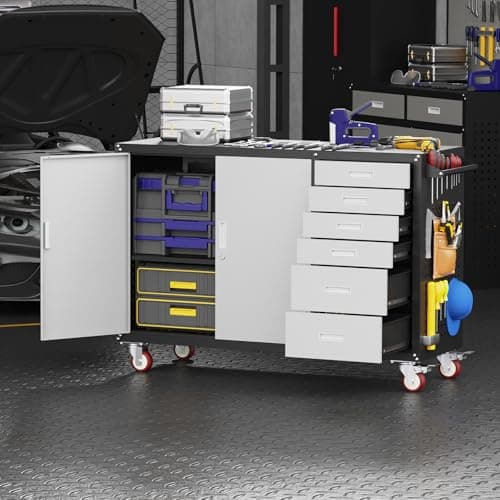 Eltean 55" W Rolling Workbench with 6 Drawers and Storage Cabinet,1000 LB Capacity Heavy Duty Work Bench with Pegboard and Adjustable Shelf,Garage Workbench with Wheels for Repair Shop/Workshop 8