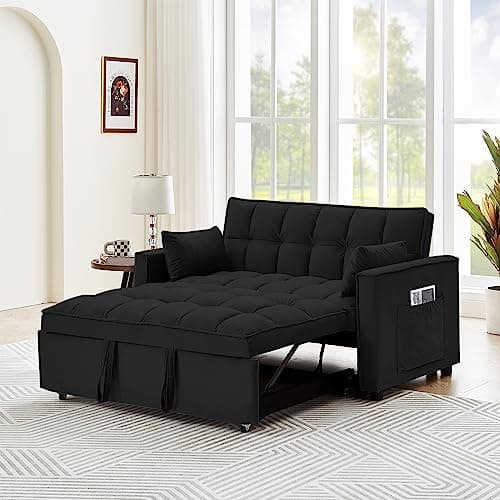 Tmsan 55.2" Loveseat Pull Out Couch, 3 in 1 Velvet Convertible Sleeper Sofa Bed for Living Room, Small Love Seat Futon Sofa Bed with Reclining Backrest, Toss Pillows, Side Pockets for Small Spaces