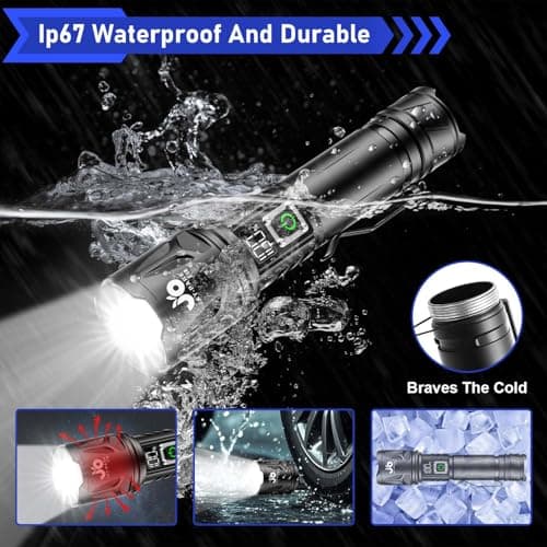 JAY-PARK High Lumen Flashlight - 100000 Lumens, Rechargeable 5000mAh with LCD Display, Zoomable Long Beam (3000m), IP67 Waterproof, 5 Modes & Belt Clip - for Camping, Dog Walking 9
