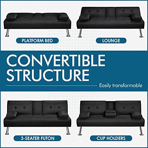 Yaheetech Linen Fabric Modern Sofa Bed Futon Couch Bed Folding Recliner Sleeper Reversible Loveseat Convertible Daybed, 2 Cup Holders, 3 Angles, 772lb Capacity, Removable Armrests, Black 8