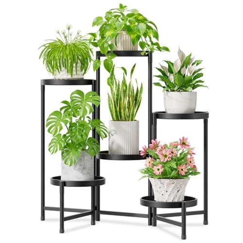 iDavosic.ly 6 Tier Large Plant Stand Indoor with 10 Inch Wide Tray, Tiered Corner Metal Outdoor Flower Display Holder Shelf, Folding Tall Rack for Patio Porch Living Room, Modern Black