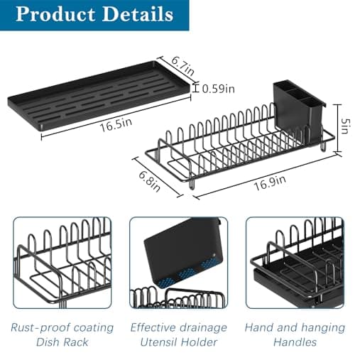 XYZLVSI Compact Small Dish Rack Sink Drying Rack with Silicone Mat, Stainless Steel Dish Drainer for Kitchen Cabinet, Kitchen Sink Rack,Dish Holder, Black 6