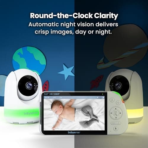 Babysense Full HD 5.5" Split Screen Baby Monitor with 2 Cameras, 6-Color Night Light, White Noise, Sound & Light Machine, 20-Hour Battery, Hack-Proof Non-WiFi Secure Connection 6