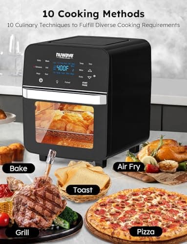Nuwave Brio Air Fryer Oven, 15.5Qt X-Large Family Size, SS Rotisserie Basket &Skewer-Kit, Reversible Ultra Non-Stick Grill/Griddle Plate, Powerful 1800W, Integrated Smart Thermometer,Black 5