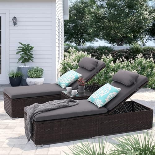 iArtHand 3 PCS Patio Chaise Lounge Outdoor Lounge Chair Patio Reclining Chair with Coffee Table Cushion&Pillow 5 Angle Adjustment Brown Rattan for Courtyards Poolside Garden