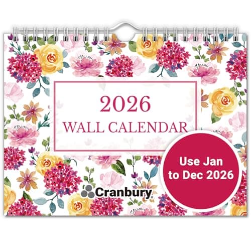 CRANBURY Small 8x6” Wall Calendar 2026, Use Jan to Dec 2026, Gorgeous Floral Monthly Designs, Hanging Small Calendar, Use on Wall Bulletin Board, Fridge, or Desk, Includes Planner Stickers