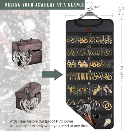SMRITI Hanging Jewelry Organizer with Dual Zippered Pockets Canvas Double Sided Rotating Hanger Necklace Hanging Wall Organizer Earring Dustproof Holder Wall Mount Accessories Display Bag(Dark Grey) 5