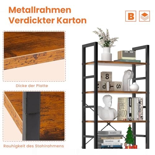 Sweetcrispy Book Shelf, 5 Tier Bookcase, Modern Tall Bookshelf Corner Storage Organizer for Garage Kit, CDs, Movies Suitable Home Office Bedroom, Kitchen, Living Room - Brown 6