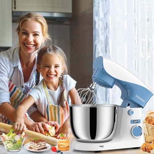 Stand Mixer, POWWA 6.5 QT 10 Speeds Tilt-Head Electric Stand Mixer, 3-In-1 Kitchen Mixer with Bowl, Dough Hook, Whisk and Beater, Food Mixer for Baking and Daily Use (White Blue) 7