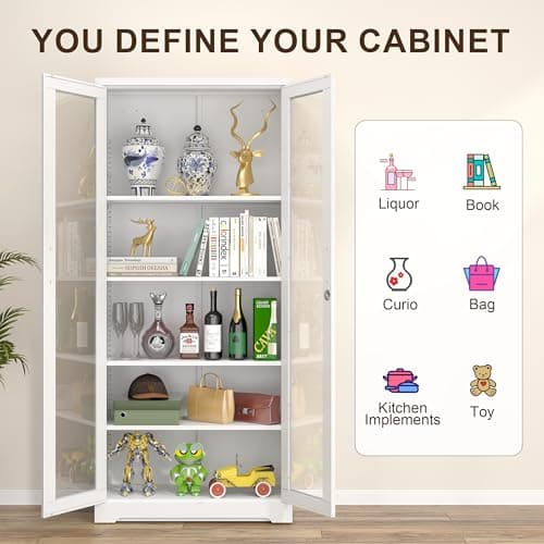 Curio Display Cabinet with Glass Doors,71”H Metal Display Case with 4 Adjustable Shelves, White China Storage Cabinet for Collectibles, Trophies & Liquor - Locking Tall Glass Cabinet for Home 8