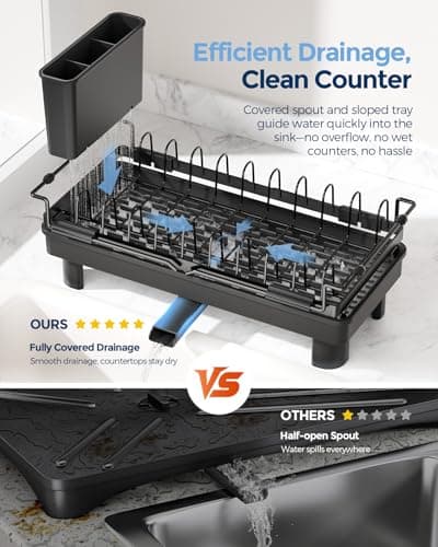 Nacial 2-in-1 Small Dish Drying Rack Fits 14''–21.8'' Sink, Dish Drainers for Kitchen Counter Extend Kitchen Sink Drain Basket with Utensil Holder & Auto-Drain Tray, Stainless Steel Plate Rack, Black 5
