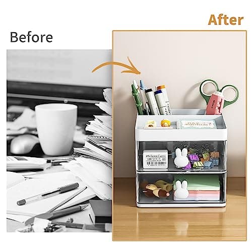 Marbrasse Small Desk Organizer with Drawer, Multi-Functional Pen Pencil Holder Storage Box, Desk Organizers and Accessories with 3 Compartments + 2 Drawer for Office Art Supplies(White) 7