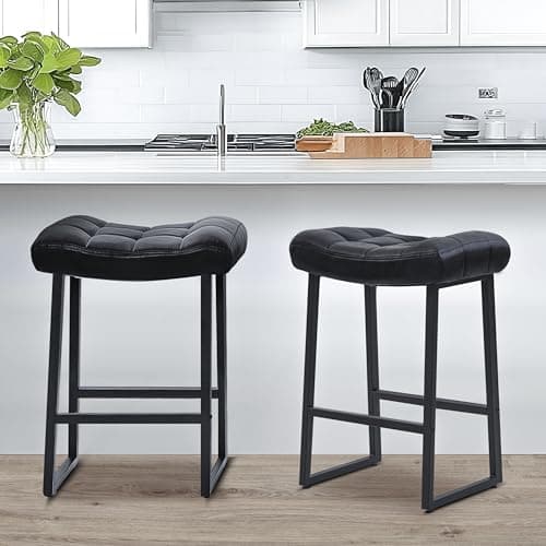 RNKSFX Black Bar Stools Set of 2 for Kitchen Island Counter Height Stools Modern Backless Barstools with Upholstered Faux Leather Saddle Seat and Metal Frame Industrial Bar Chairs, 24 inch