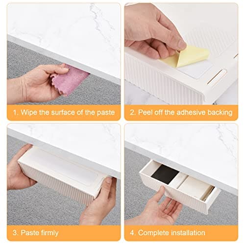 YOOUSOO 2 Pack Under Desk Drawer Storage, Under Desk Organizer, Hidden Self-Adhesive Desks Drawers Slide-out, Stick on Desks Drawer White, Under Mount Drawers for Office/Classroom/Home 5