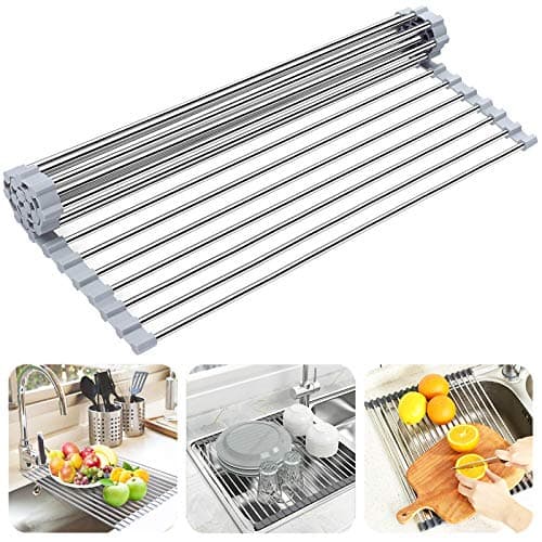 Over the Sink Dish Drying Rack, Searik Roll up Sink Dish Drainer Rack Foldable Kitchen Stainless Steel Dish Rack Sink Drying Rack (17.7” x 11.8”)