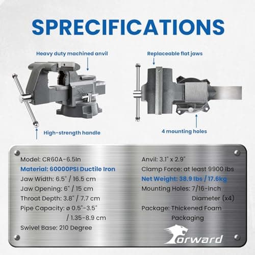 Forward CR60A 6.5 Inch Bench Vise Heavy Duty Vice with Anvil and 210 Degrees Swivel Base (6 1/2") 7