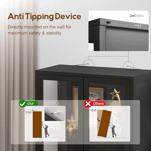 UNICOLY Glass Display Cabinet 4-Tier, Display Cabinet with Glass Doors, Curio Cabinet with Tempered Glasses Doors,Metal Storage Cabinets for Living Room, Plant, Assembly Required, Black 7