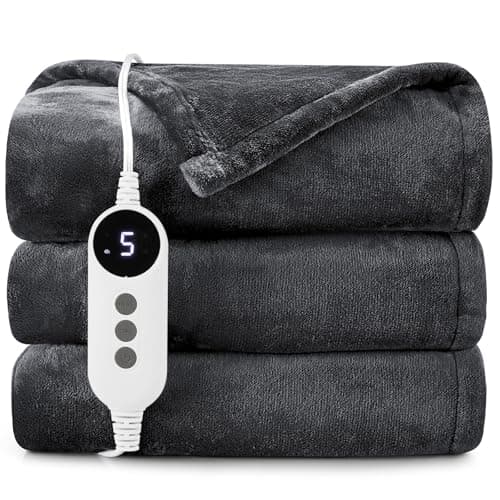 HYLEORY Heated Electric Blanket Throw, 2-Layer Cozy Warm Flannel 62" x 84", Heating Blanket with 9 Heating Levels, 2/4/6/10 Hours Auto Off, Fast Heating Winter Blanket, Dark Grey