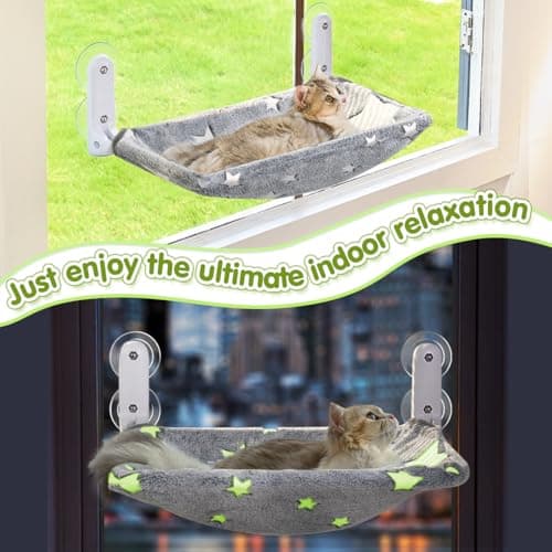 Zoratoo Cat Window Perch, Glow in The Dark Cordless Foldable Pet Hammock Bed for Window with Sturdy Metal Frame, Glowing Stars Pattern Resting Seat for Indoor Cats (Stars - M) 7