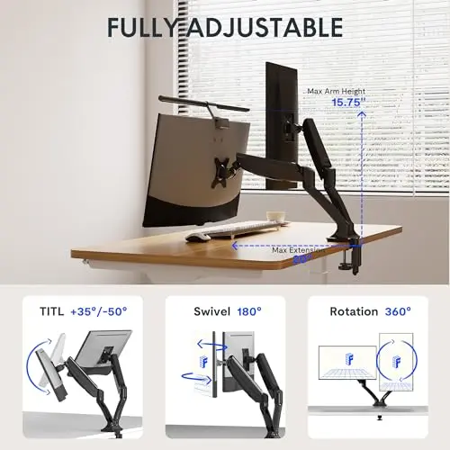 FlexiSpot Dual Monitor Stand for Desk Adjustable Spring Monitor Arm Desk Mount Hold up to 3.3 to 11lbs Vesa Dual Monitor Mount with C Clamp for 10 to 27 Inch Computer Screens 4