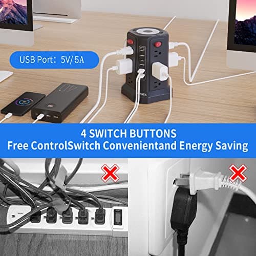 Surge Protector Power Strip Tower with 5 USB Ports and Night Light, 10FT Extension Cord with 12 AC Multiple Outlets, PASSUS Power Tower, Overload Protection for Home Office Dorm Room (Black) 5
