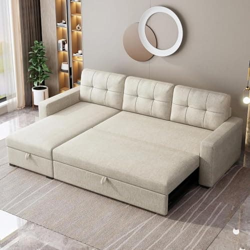 Ball & Cast Convertible Sofa Bed with Reversible Storage Chaise,Linen Sleeper Sofa Couch L Shaped Pull Out Couch Bed,Small Corner Sectional Sofa Couches for Living Room,Beige 7