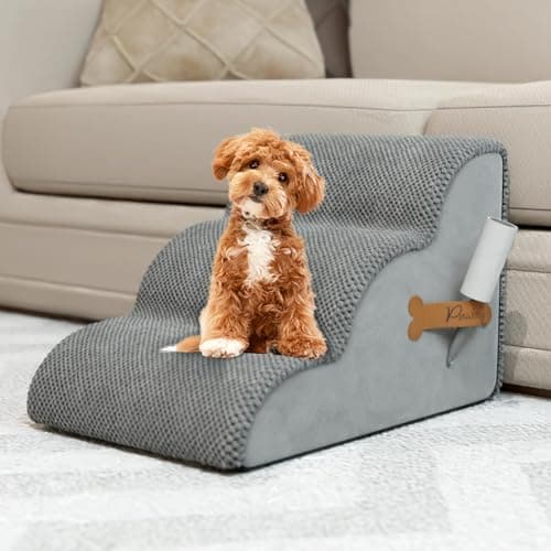 PAWZY Dog Stairs for Medium-Height Beds & Couches, 3-Step Foam Pet Steps 15.5” High for Small Dogs & Cats up to 60 lbs, Wide Non-Slip, Waterproof Washable Zipper Cover, No Assembly, Grey 7