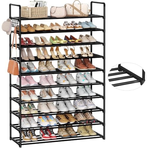 HOMICKER 10-Tier Shoe Organizer - Large Metal Shoe Rack with Hooks, Fits 40-50 Pairs, Ideal for Closet, Entryway, Garage, Bedroom