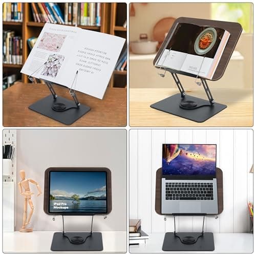 Book Stand for Reading, Multi-Angle & Height Book Holder with 360° Swivel Base, Lightweight Foldable Cookbook Stand for Kitchen, Office, Textbook, Recipe, Music Scores, Kindle, Tablet 6