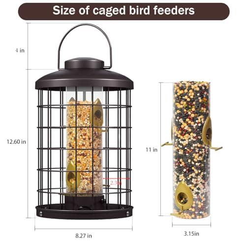 Mosloly Caged Bird Feeders Metal - 3 Lbs - Squirrel-Proof Wild Bird Feeders, Clear Tube Feeders Hanging Outside Starling Proof, Detachable Cleaning, 4 Feed Ports(Copper) 6
