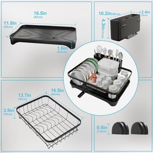 HOMEBOSILY Dish Drying Rack with Drainboard - Space Saving Single Layer Drying Rack,Large Capacity Kitchen Organizer with Utensil Holder & Cutlery Tray, Countertop Dish Drainer Black 6