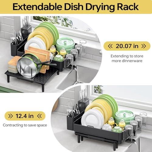 Urackify Dish Drying Rack for Kitchen Counter, 304 Stainless Steel Dish Rack, Expandable Dish Drainer, Foldable Dish Strainer with Cutlery Holder, Kitchen Plate Rack (Black, Large Size) 6