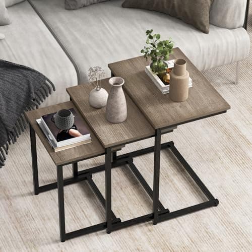 Giantex Nesting Coffee Table Set of 3, Stackable Square End Table w/Wood Grain Tabletop & Heavy-Duty Metal Frame, Farmhouse C-Shaped Accent Table for Small Space, Living Room, Bedroom (Black Oak)