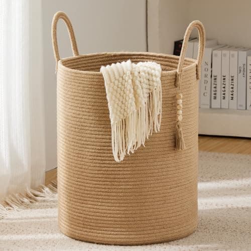 YOUDENOVA Jute Rope Laundry Hamper Basket, 58L Tall Woven Collapsible Baskets for Blanket Organizing Clothes Hamper for Laundry Bedroom Storage