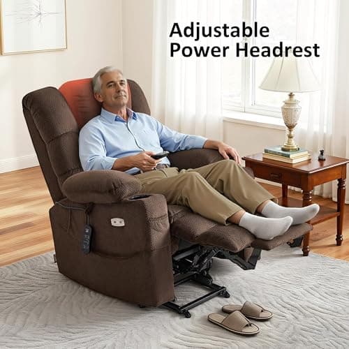 MCombo Large Triple Motor Power Lift Recliner Chair with Massage and Dual Heating, Adjustable Headrest for Tall Elderly People, Fabric 7634 (Coffee, Large) 5