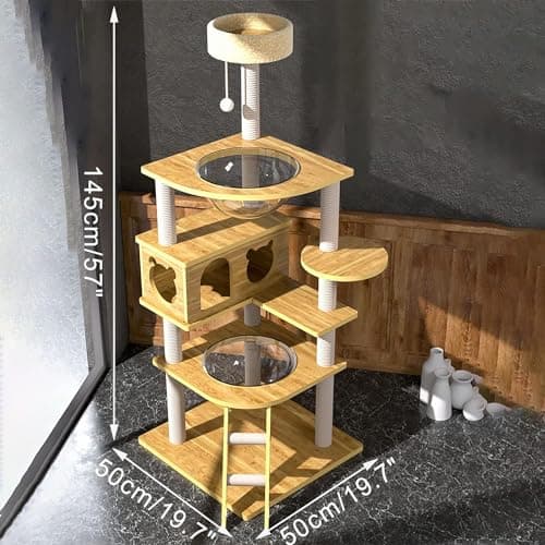 DLPIN Modern Wood Cat Tree,Tall Cat Tower,Multi-Level Cat Condo Furniture Sisal Scratching Posts and Washable Cushions for Indoor Cats Climbing Tower Activity 7